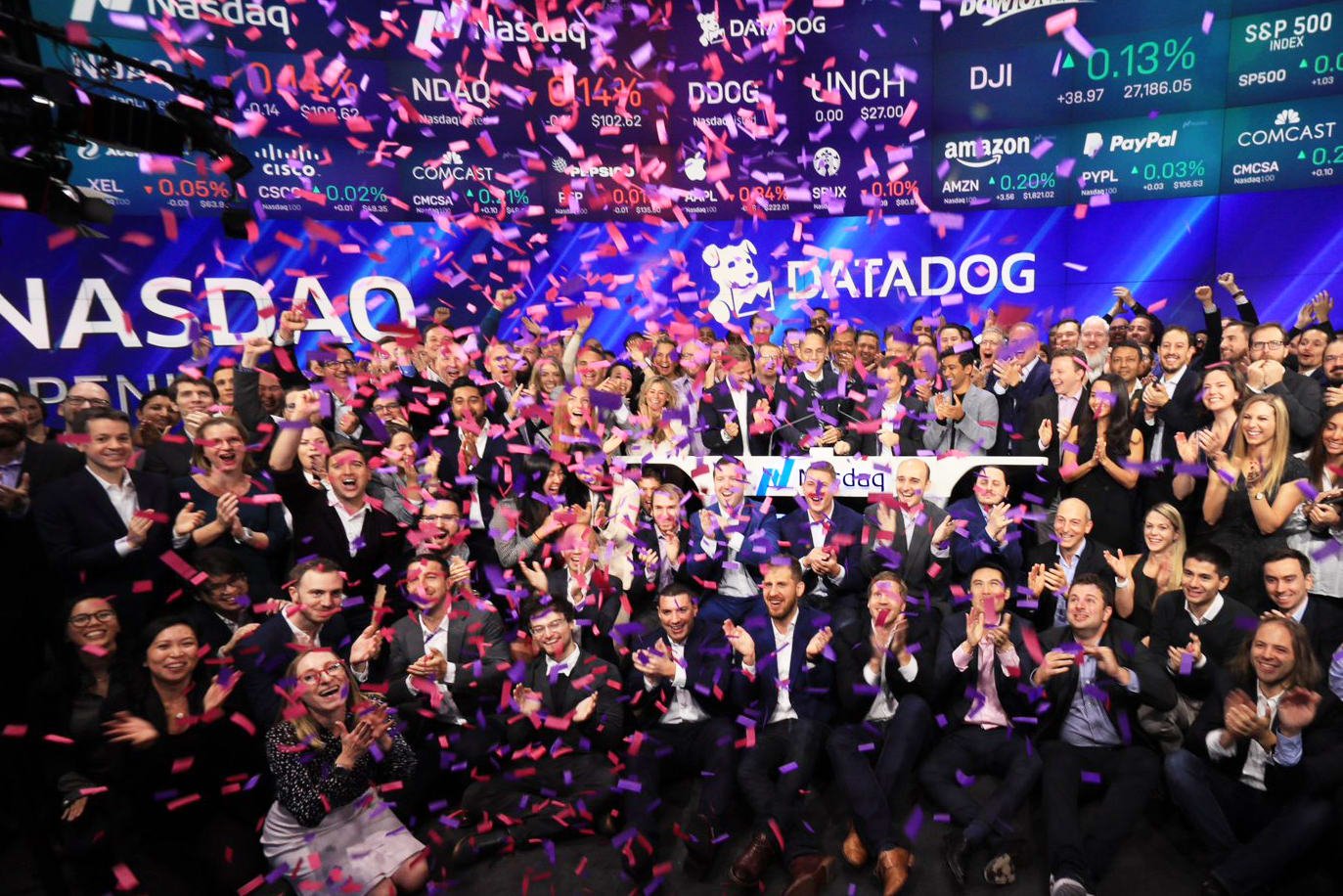 The Datadog team at NASDAQ celebrating on IPO day