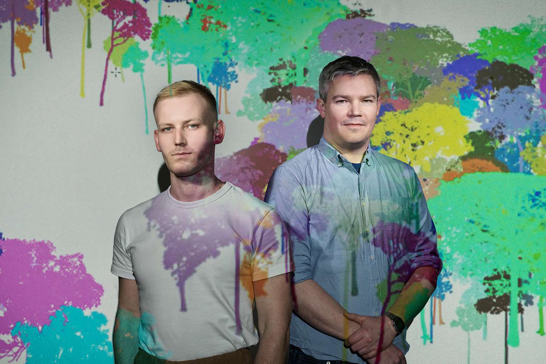 Co-founders Samuel Gill and Allister Furey. Sylvera's Multi-Scale Lidar team uses machine learning, EO data and 3D laser scanning to measure how much carbon is stored in trees. The colorful tree map in this photo is an output of the 3D scans.