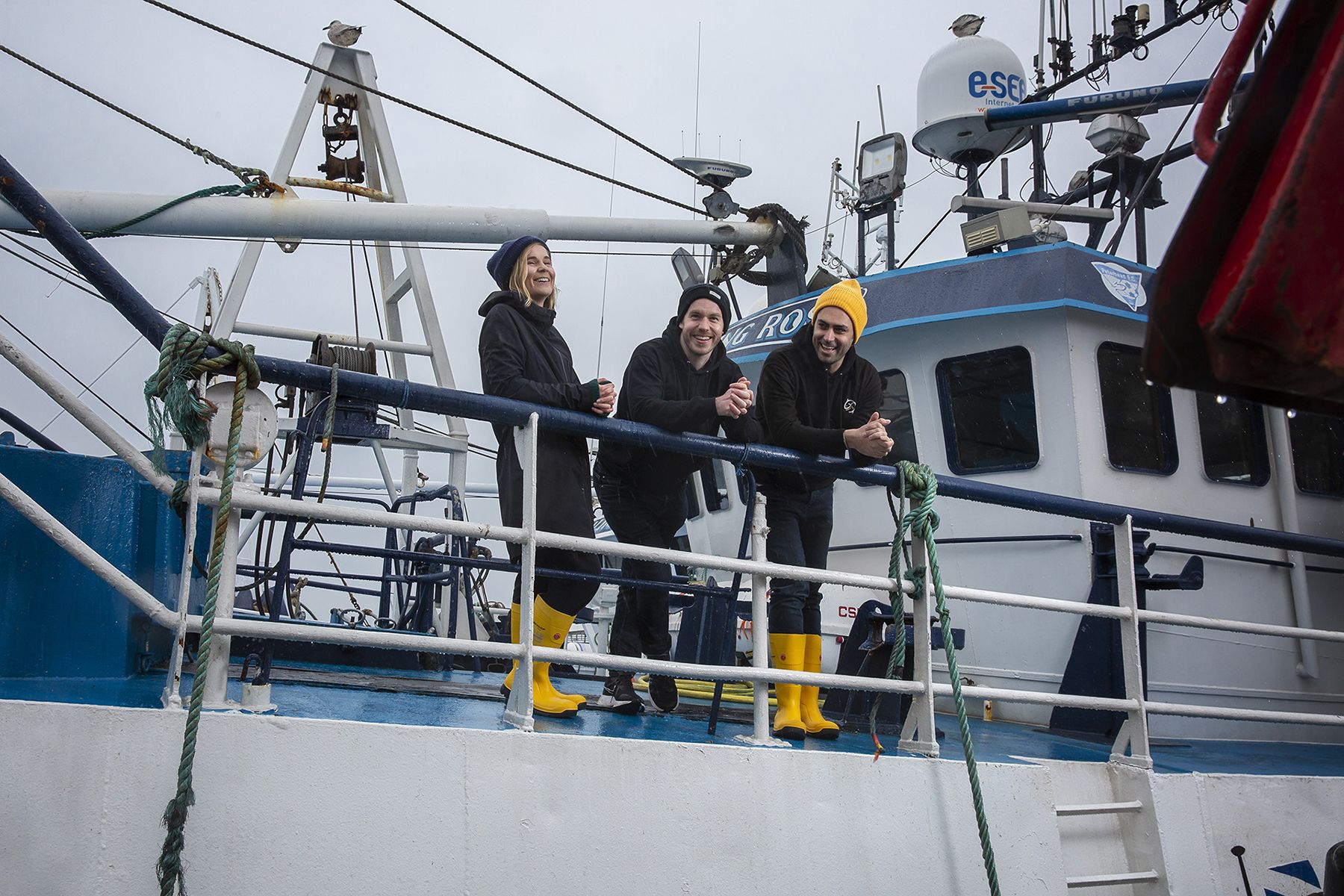 Rooser co-founders Joel Watt and Erez Mathan with Index&#x27;s Georgia Stevenson in Peterhead, Scotland.Photos by Jess Shurte.