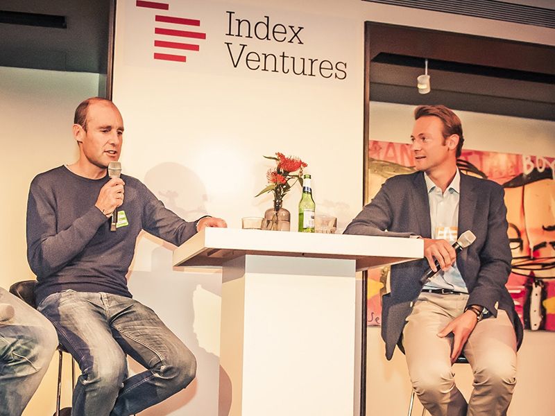 CEO of Adyen Pieter van der Does and Index Ventures Partner Jan Hammer at an event in Amsterdam